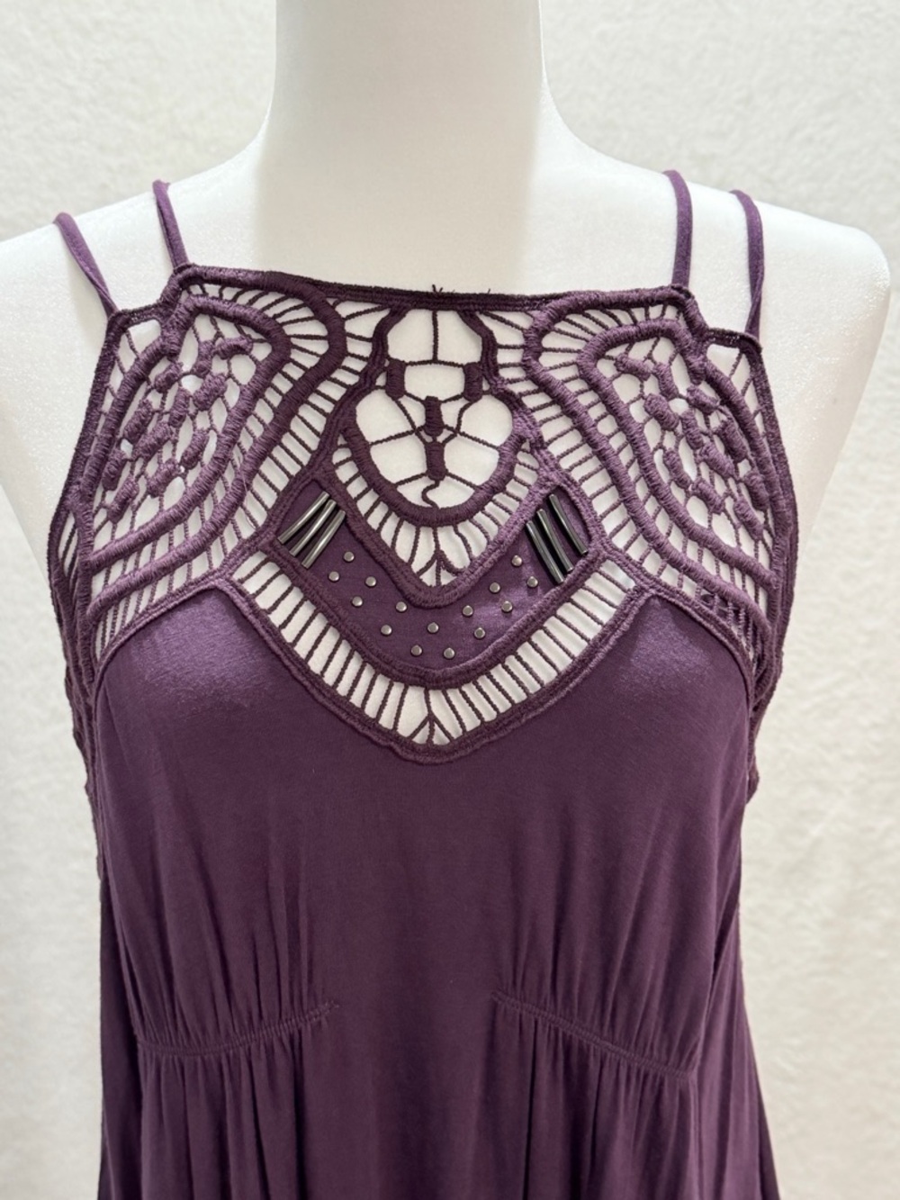 Dangerous Low Back Free People Deep Plum Swing Dress W/ Crochet Neck & Lace Hem - Picture 6 of 9